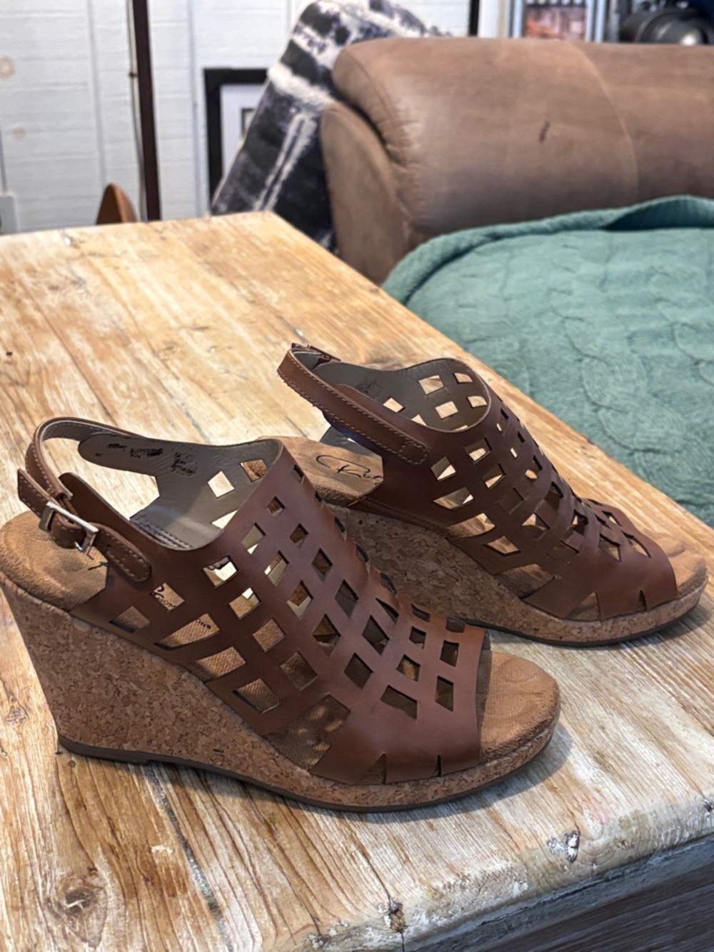 Brown Cutout Cork Wedge Sandals with Slingback Strap